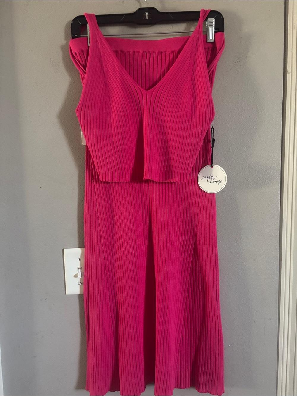 MINKPINK Vibrant Pink Ribbed Midi Dress